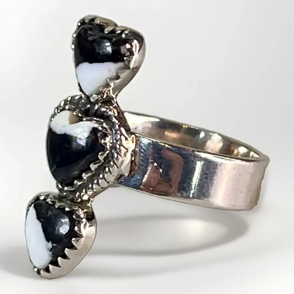 White Buffalo Turquoise Sterling Silver Stacked Hearts Adjustable Ring Southwest